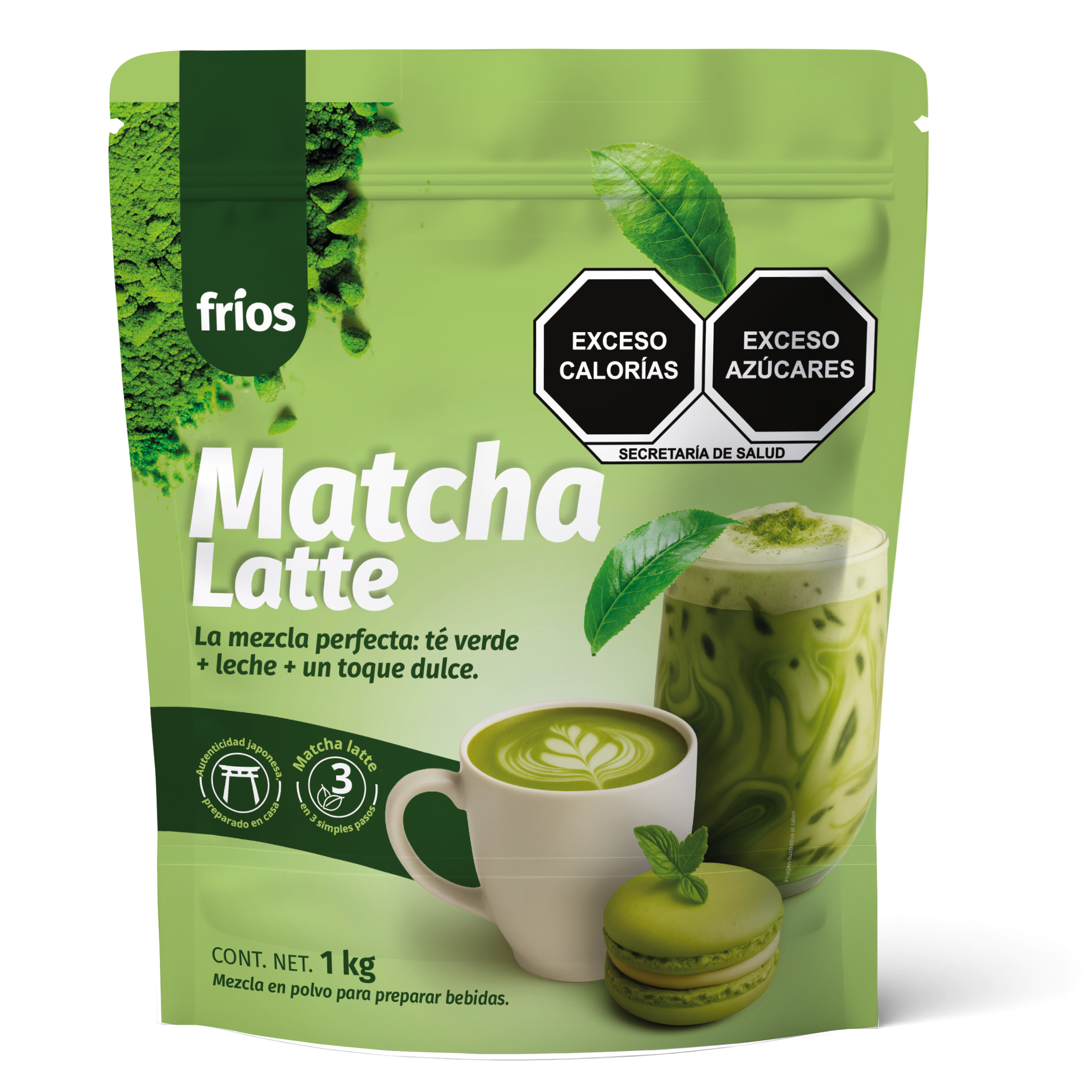 Frios Matcha Cultivada bajo la sombra durante 20 a 30 días para intensificar su color, sabor y nutrientes, cada hoja se cosecha a mano, se limpia con cuidado y se muele lentamente en molinos de piedra hasta obtener un polvo verde intenso, rico en antioxidantes, cafeína equilibrada y L-teanina.